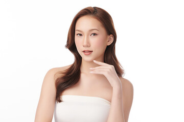 Fototapeta premium Beautiful young asian woman with clean fresh skin on white background, Face care, Facial treatment, Cosmetology, beauty and spa, Asian women portrait.