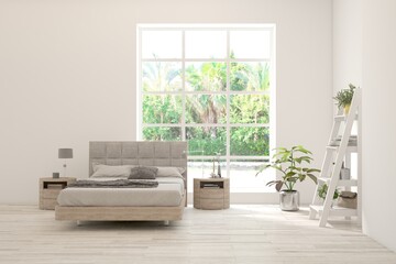 White bedroom concept. Scandinavian interior design. 3D illustration