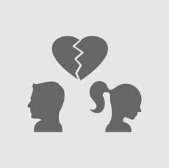 Couple broken heart vector icon. Man and woman break up symbol. Silhouette symbol.