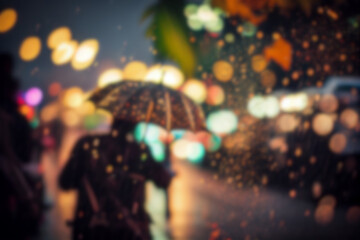 Blurred people holding umbrella in the rain on a rainy day and night bokeh light. Summer. Generative AI