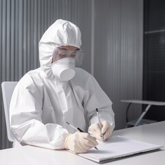 Fototapeta premium Worker is outfitted in a medical protective suit or a white coverall suit with a test tube, generative AI 