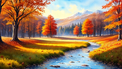 Fototapeta na wymiar Autumn landscape, digital watercolor painting, Generative AI
