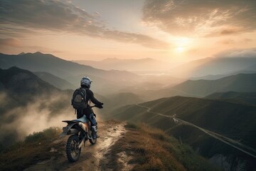 A Man Embarking on a Heart-Pumping Adventure in the Mountains: Racing a Motorcycle through a Landscape of Cloudy Skies and Majestic Nature Views, Generative AI