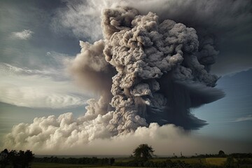 Rising from the Ashes: An Intense Tempest of Volcanic Eruption, Billowing Smokey Clouds of Disaster and Wildfire Force. Generative AI