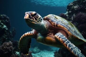 Naklejka na ściany i meble Beneath the Ocean Surface - A Prety Sea Turtle Swimming Amongst Colorful Corals and a Reef, Generative AI