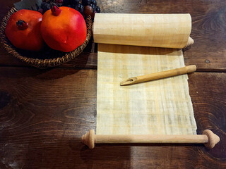 Bamboo reed pen on a blank ancient papyrus scroll with pomegranate fruit in an old bowl on a wood table
