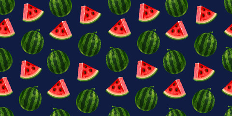 Colorful watermelons on dark blue background pattern. Fruits vector pattern for fabric, textile, wrapping paper, cards ets. Healthy food design. Vector print illustration with slices of watermelon.