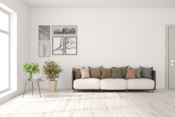 White living room with sofa. Scandinavian interior design. 3D illustration