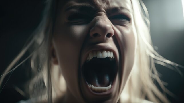 Angry woman in agony screaming, closeup. Mental health awareness month illustration. Mental health problems generative ai