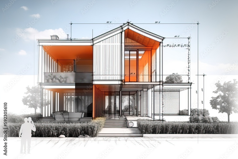 Poster Architecture 3D and blueprints representation, generative ai