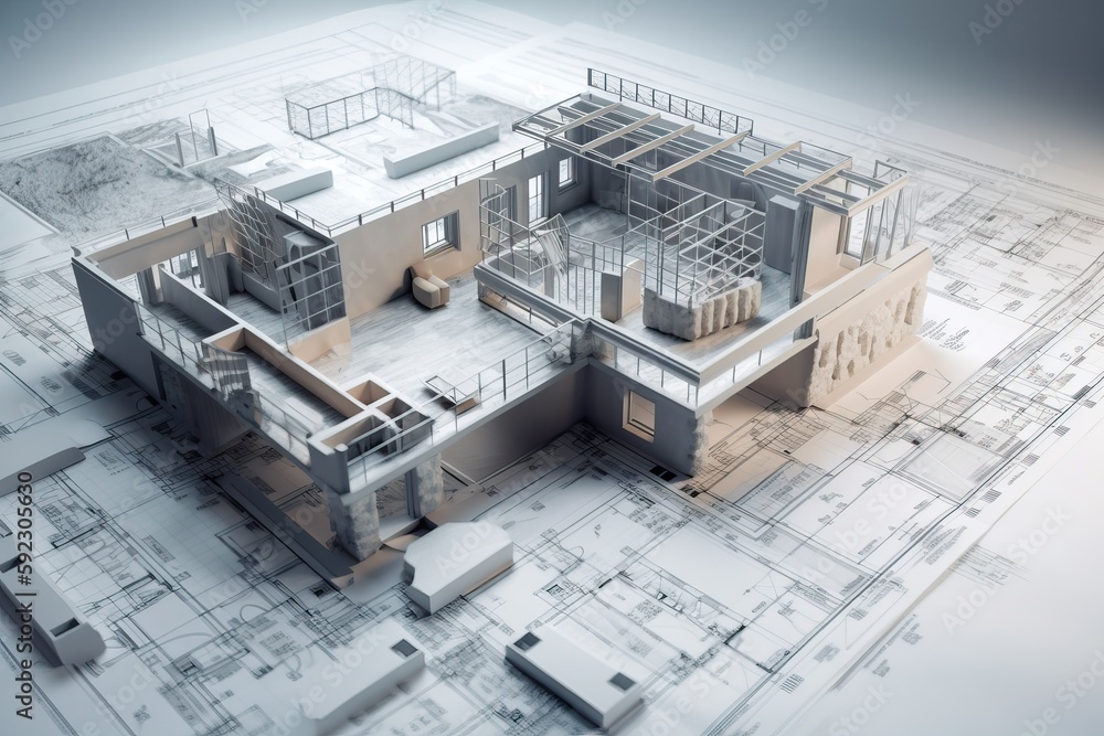 Poster Architecture 3D and blueprints representation, generative ai