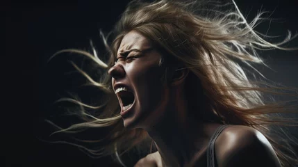 Fotobehang Woman in agony screaming aggressively. Mental health awareness month poster generative ai © Roman