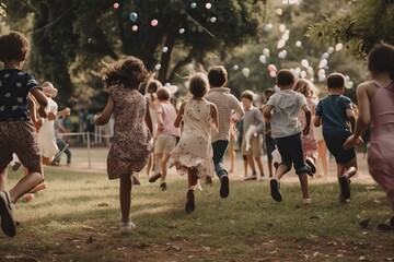 Fototapeta premium Active happy children running outdoors, generative ai