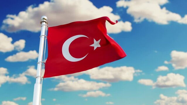 The Turkish flag flies in the blue sky. Solar time, the national red sign of the Republic of Turkey. 3D animation