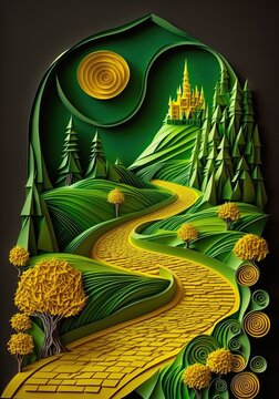green and yellow fairytale landscape with road to a castle, generative ai © FrankBoston