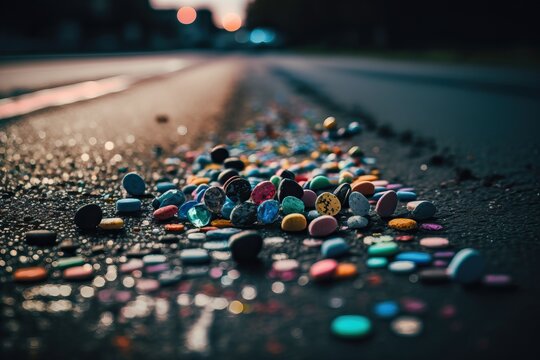 Medication and driving concept with a bunch of pills scattered in the middle of the road, generative ai