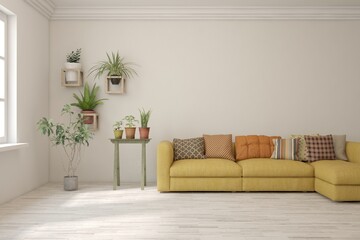 Naklejka premium White living room with sofa. Scandinavian interior design. 3D illustration