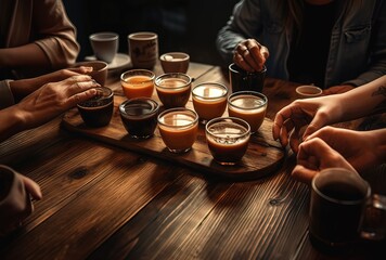 Table with coffee cups and many people - obrazy, fototapety, plakaty