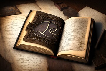 An open, very old book rests on an old wooden table, with individual letters separating from the paper and flying upwards and spinnin - generative ai