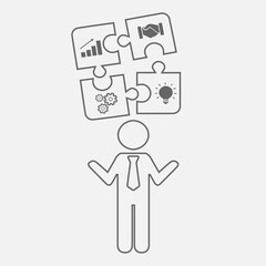 Business cooperation or teamwork concept. Businessman and puzzle with bulb, handshake and gear. Success symbol. Vector icon illu