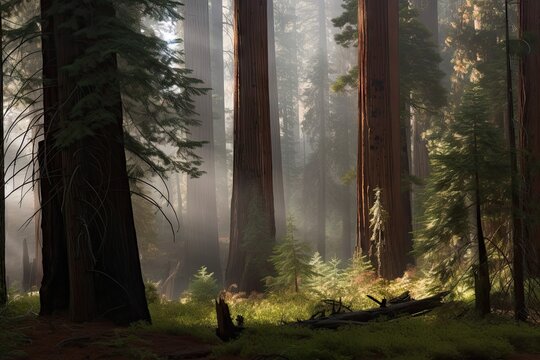 Sequoia Forest Grove In Misty Morning Light, Created With Generative Ai