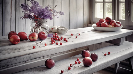 Spring scene, white rustic table, red apples and lavender flowers. Created using generative AI