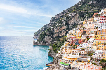 View of beautiful Positano on hills leading down to coast, Campania, Italy.