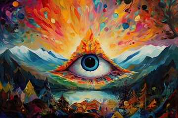 Surreal Dreamscape: Colourful Painting of the All Seeing Eye of the Earth, Hallucinogenic Look on the Landscape with Sun and Mountains: Generative AI