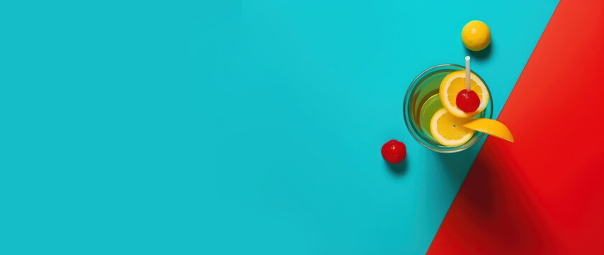 A Mint Colored Background From Above With A Cocktail Glass In The Right Corner. Top View Summer Banner With Plenty Of Copy Space.