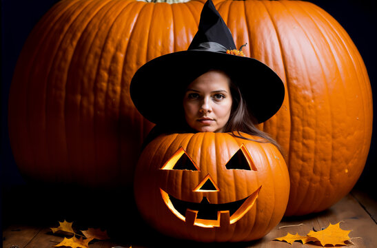 Halloween witch with pumpkins. Generative ai