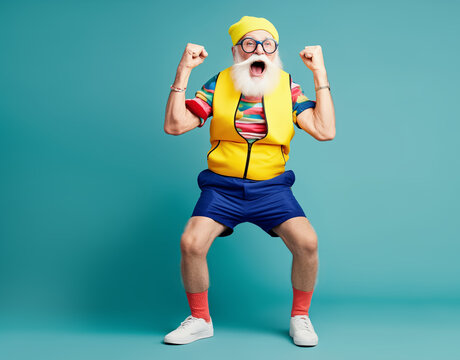 Funny, super excited, happy old grandpa in colorful sporty clothes. Generative ai