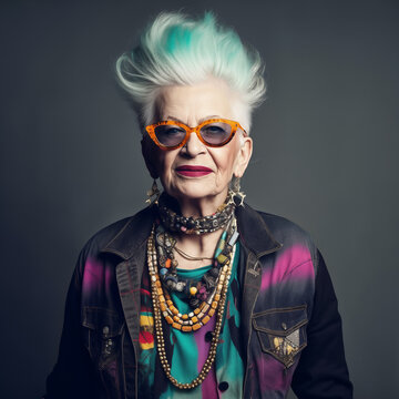 Concept old rocker, grandma 90s Punk fashion, cool old woman. Generative ai