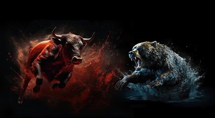bull and bear Battle for the economy war, concept of stock market . Created with generative AI technology - 592308054