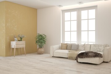 White living room with sofa. Scandinavian interior design. 3D illustration