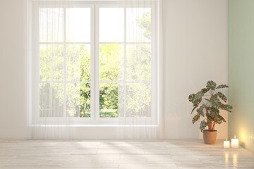 Fototapeta premium White empty room with summer landscape in window. Scandinavian interior design. 3D illustration