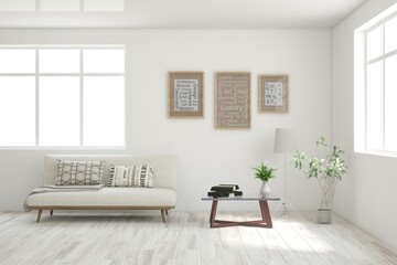 White living room with sofa. Scandinavian interior design. 3D illustration