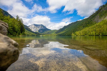 Beautiful view of a lake surrounded with mountains