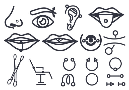 piercing icon set, earring elements, piercing and tattoo, piercing shop and body modification