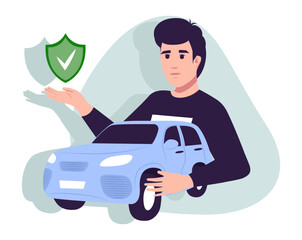Car insurance coverage concept. Automobile protection, security, safety set. People protecting car with insurance and signing form with red auto.