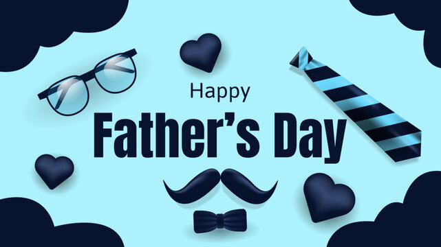 happy father's day background with glasses, necktie, and mustache on blue background. suitable for greeting card, banner, poster, etc. vector illustration