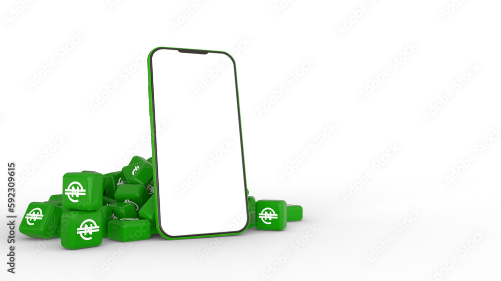Poster 3d rendering of e naira logos and mobile phone with blank screen isolated on white background