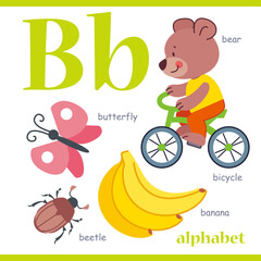 Alphabet letter B with cartoon vocabulary illustration: bear, butterfly, bicycle, banana, beetle. Cute children ABC alphabet flash card with letter B for kids learning English vocabulary.