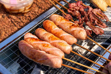 A person is grilling meat skewers in a picnic camping, delicious and tempting barbecue