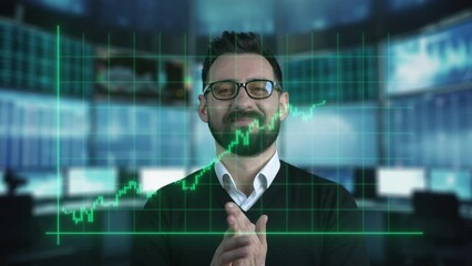 Bullish trend graph. Happy trader investor is celebrating successful stock exchange trading deal. Rising crypto bull market shares growth. Ipo profit victory concept. Financial stock market investment