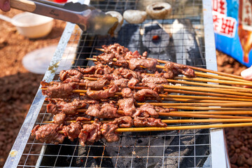 A person is grilling meat skewers in a picnic camping, delicious and tempting barbecue