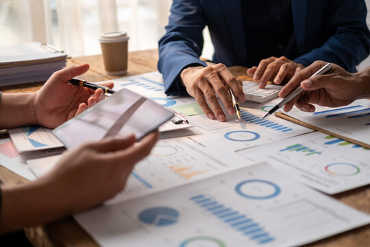 Closed up business people brainstorm discussion, meeting of business team working together, project team corporate briefing.