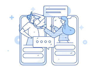 Virtual characters social communication concept business flat vector hand drawn illustration
