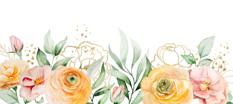 Border with orange and yellow watercolor flowers and green leaves, isolated wedding illustration