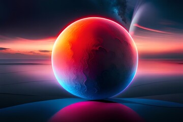 3d render, abstract background with colorful vibrant neon light behind the black ball. Eclipse concept