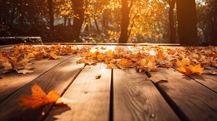 Burst of Autumn Color - Orange Fall Leaves on Wooden Floor with Maple Trees: Generative AI